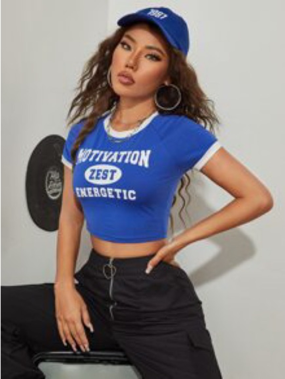 SHEIN Royal Blue Graphic Ringer Crop Top